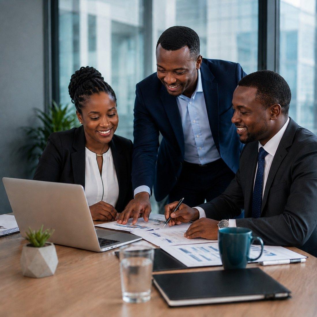 Infinity Business Consulting colleagues reviewing financial reports together in an office